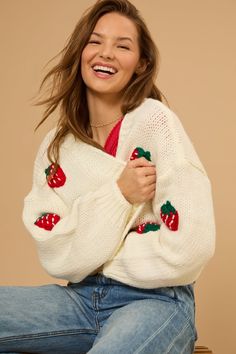 This cardigan features playful 3D strawberries for a fun, textured look, combined with a cozy chunky knit for both style and comfort. Chunky Knit Cardigan, Altar'd State, Chunky Knit, Strawberries, Knit Cardigan, Knitting, White, Clothes