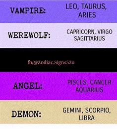 four different types of zodiac signs are shown in purple, black and pink colors with the names of each zodiac sign