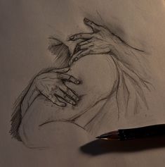 a pencil drawing of two hands touching each other's chest and holding the hand of another person