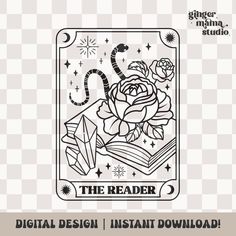 the reader coloring book with an image of a rose on it, surrounded by crystals and stars