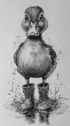 a black and white drawing of a duck in rubber boots with water splashing around it