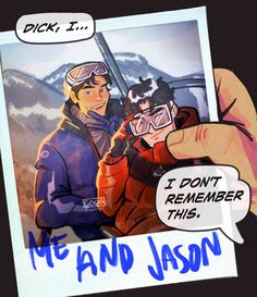 an image of a man and woman in ski gear with the caption, i don't remember this me and jason