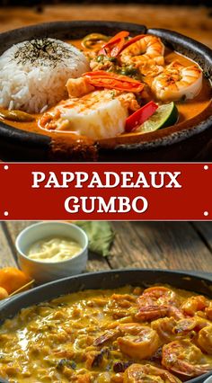 some food that is in a pan on a table and the words pappadeaux gumbo are above it