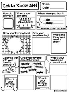 the worksheet for getting to know me with pictures and words on it,