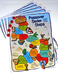 four children's passover seder steps cards on a white surface with red beads