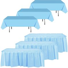 six blue tablecloths and four tables with matching covers on each side, set against a white background