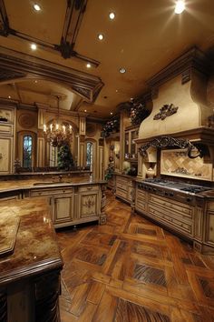 a large kitchen with wooden floors and marble counter tops