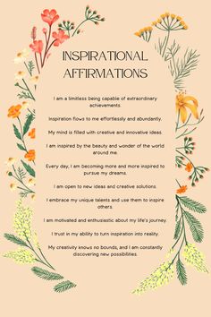 an illustration with the words inspirational affirmations written in front of flowers and leaves