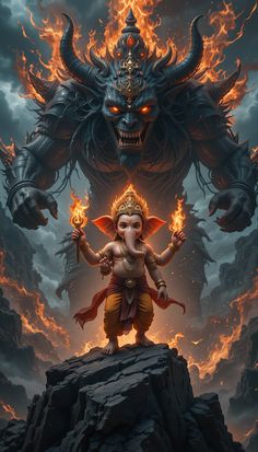 lord ganeshri standing on top of a rock in front of a demon like creature