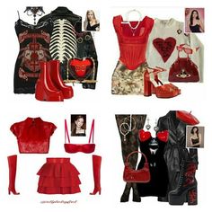 Halloween Polyvore Outfits, Queen Of Hearts Outfit Ideas Casual, Red Fancy Outfits, Dark Lovecore Outfit, Rockstar Stage Outfit, Red Themed Outfits, Romantic Goth Aesthetic Outfits, Vampirecore Outfits, Outfits With Bows