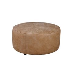 a large round ottoman with wheels on the bottom and footrests, in tan leather