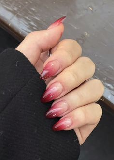 Dark Red Douyin Nails, Ombré Jelly Nails, Nail Designs Jelly, Gel Nails Long, Red Ombre Nails, Faded Nails