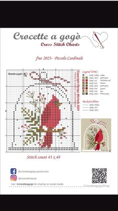 a cross stitch pattern with the words crochet and a red bird on it