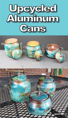 an upcycled aluminum can has been transformed into a candle holder