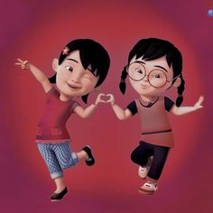 two children are jumping in front of a heart shaped background with the words love written on it