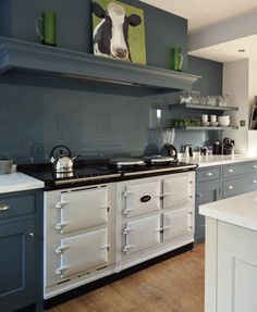 a kitchen with an old fashioned stove and white counter tops, blue cabinets and wood flooring