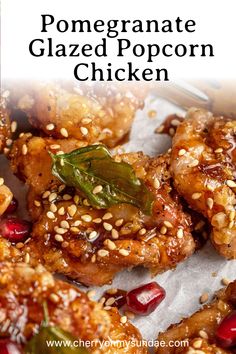 the recipe for pomegranate glazed popcorn chicken is shown in front of a white background