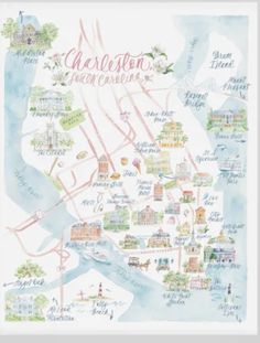 a watercolor map of charleston, with all the major attractions and places to see