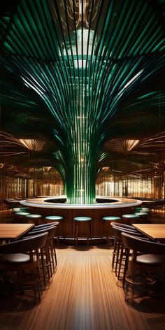 the interior of a restaurant with wooden tables and stools in front of an array of green lights