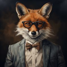 a painting of a fox wearing glasses and a bow tie with a suit jacket on