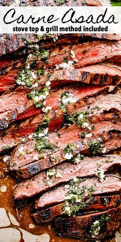 grilled steak with herbs and garlic on top