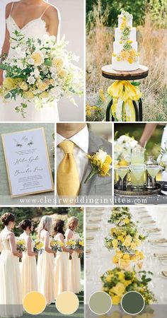 yellow and white wedding color palettes for the bride's gown, dress, bouquet