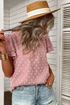 Solid Color Top Spring/Summer Casual Vacation Women's Blouse Shirt #cuteshirts #shirtscute #tshirtstyles #shirtsoutfitideas shirts cute cute t shirts cool shirts Trendy Summer Short Sleeve Top With Ruffles, V-neck Top For Summer Outings, Flowy Short Sleeve Blouse For Spring, Spring Flowy Short Sleeve Blouse, Feminine Tops For Beach Day Out, Feminine Flowy Blouse For Vacation, Feminine Summer Blouse With Ruffles, Summer Feminine Blouse With Ruffles, Chic Short Sleeve Summer Blouse