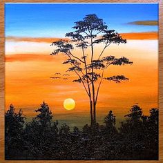 a painting of a sunset with trees in the foreground