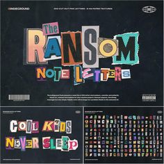 the random note letters are colorful and have different designs on each letter, including one that says random