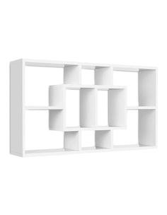 a white book shelf with six cubes on it's sides and one is empty