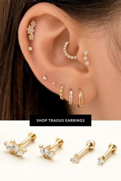 three pairs of ear piercings with crystal stones on each side and the same one in gold