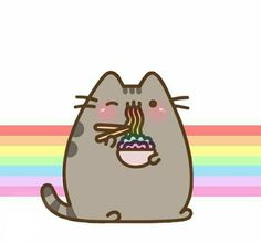 a cat with a cupcake in it's mouth sitting on a rainbow striped background