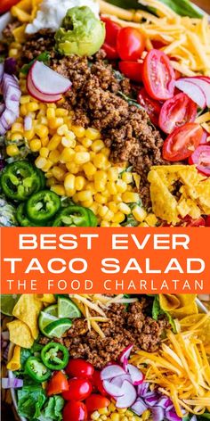 Taco salad with greens, beef, corn, tomato, cheese, two dressings, and more Taco Salad Board, Taco Salad Bar For A Crowd, Taco Salad With Corn Chips, Taco Salad Bar Ideas Buffet, Taco Salad For A Crowd, Fritos Taco Salad, Taco Salad With Catalina Dressing, Taco Salad Chicken, Taco Salad Casserole