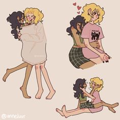 three cartoon images of women hugging each other