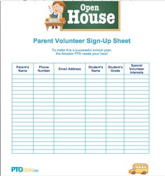 an open house sign up sheet with the words parent volunteer sign up sheet on it