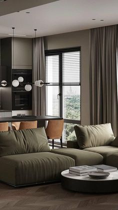 a living room filled with lots of furniture and windows covered in shades of greys