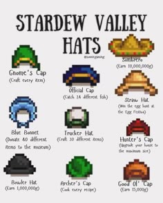 the stardew valley hats in different colors and sizes, with text that says it all