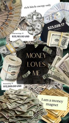 money is piled on top of each other with the words money loves me