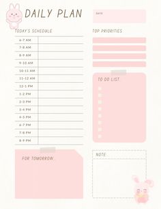 a pink daily planner with bunny ears on it and the words daily plan written in white