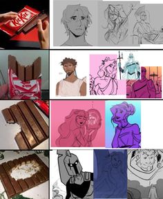 some drawings and pictures of people eating chocolate