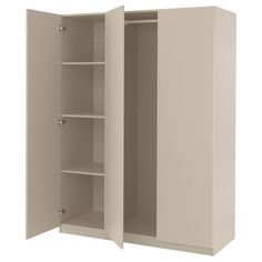 an open cabinet with shelves and doors on both sides, in light beige color isolated against a white background