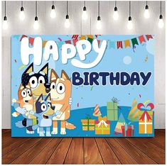 an image of a birthday sign with cartoon characters on it and balloons in the background