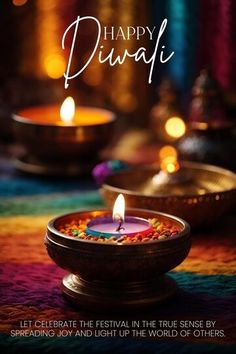 happy diwali greeting card with lit candles