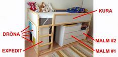 an image of a child's bedroom with labels on the drawers and bottom section