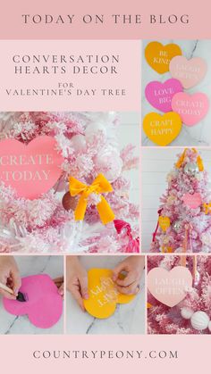 pink and yellow valentine's day tree with hearts on the top, conversation heart decor for valentine's day