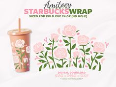 the starbucks cup has pink flowers on it and is next to an ad for starbucks