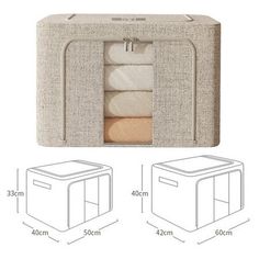 an image of a storage box with two towels and one towel in the bottom half