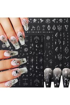 8 Sheets Metallic Silver Nail Stickers for Women 3D Star Moon Sun Nail Decals for Nail Art Supplies Bronzing Silver Nail Sticker Pegasus Butterfly Nail Art Stickers Self-Adhesive Stickers for Nails Nail Art Mariage, Travis Scott Concert, White Nails With Gold, Sun Nails, Metallic Nail Art, Silver Nail Art, Snowflake Nail Art, Nails For Summer