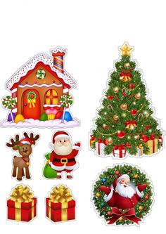 christmas stickers with santa claus and other holiday items in front of a tree, presents,