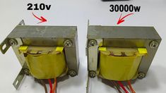 two different types of electrical equipment on a white surface with red and yellow wires connected to them